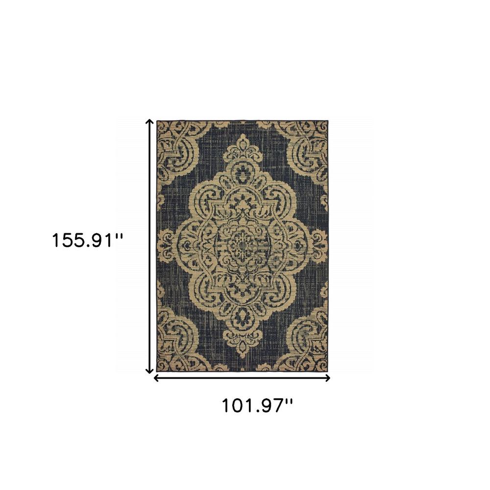 9' X 13' Black and Tan Oriental Stain Resistant Indoor Outdoor Area Rug. Picture 5