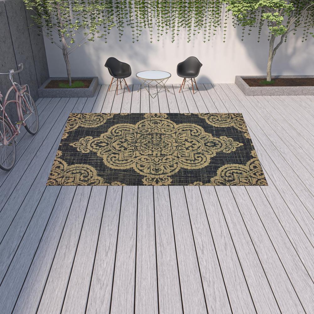 9' X 13' Black and Tan Oriental Stain Resistant Indoor Outdoor Area Rug. Picture 2