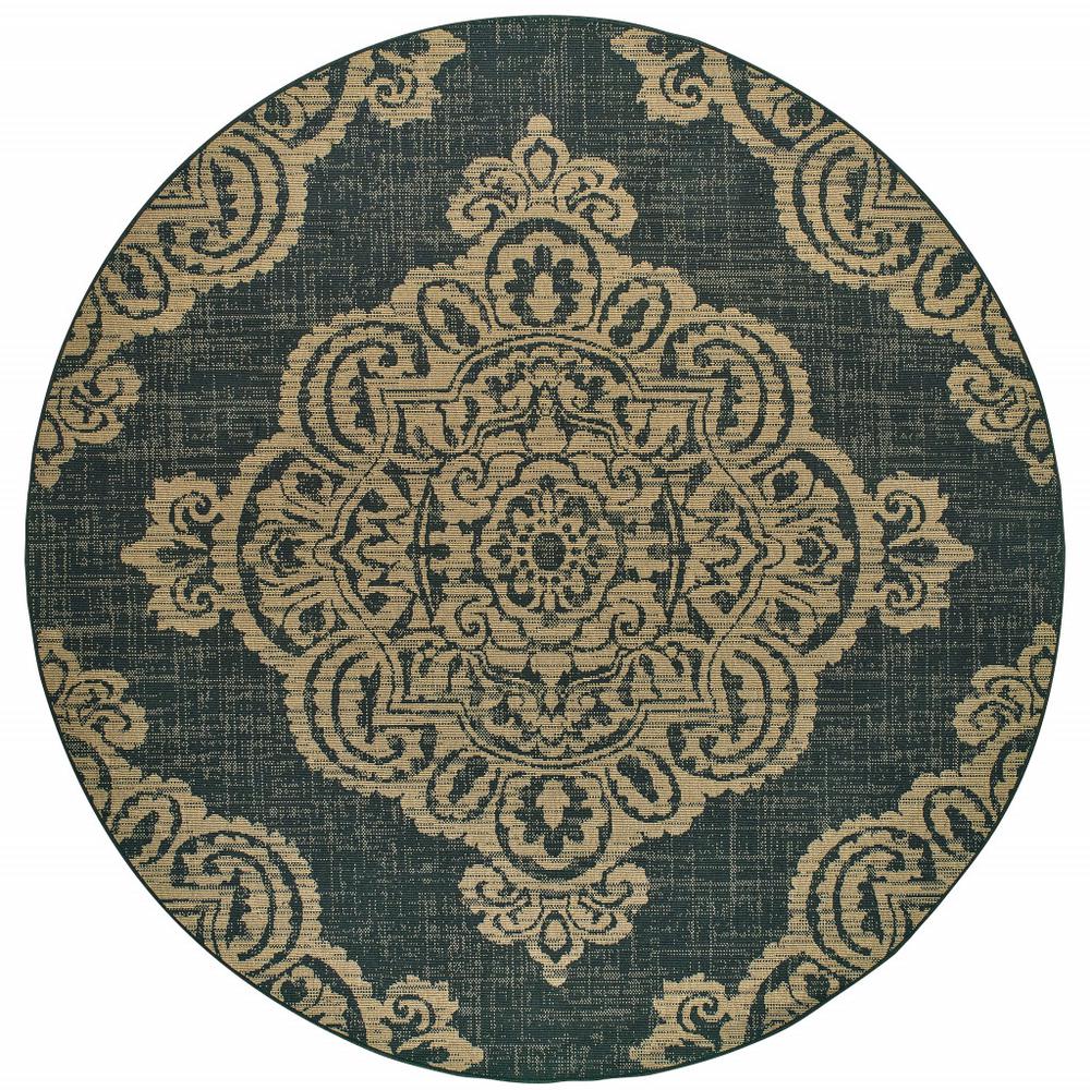 8' x 8' Black and Tan Round Oriental Stain Resistant Indoor Outdoor Area Rug. Picture 1