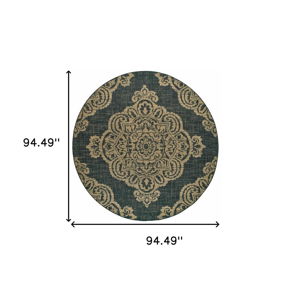 8' x 8' Black and Tan Round Oriental Stain Resistant Indoor Outdoor Area Rug. Picture 5