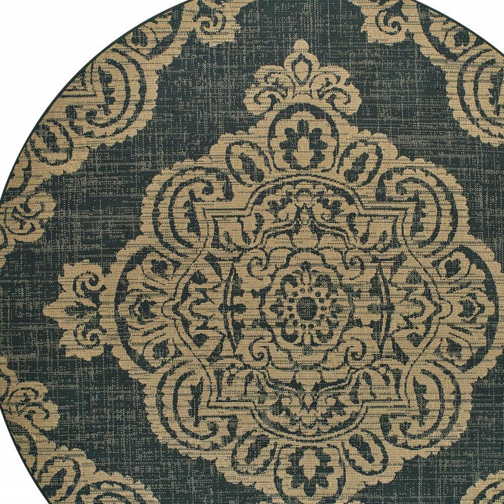 8' x 8' Black and Tan Round Oriental Stain Resistant Indoor Outdoor Area Rug. Picture 3