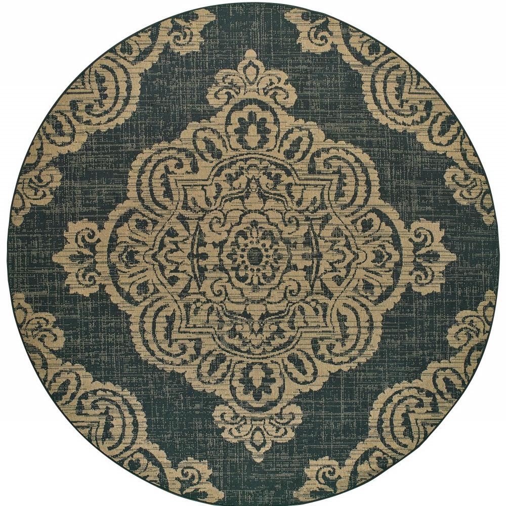 8' x 8' Black and Tan Round Oriental Stain Resistant Indoor Outdoor Area Rug. Picture 4