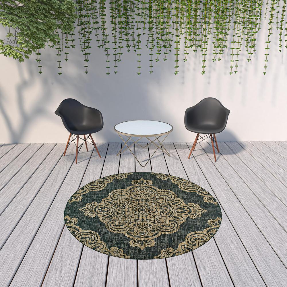 8' x 8' Black and Tan Round Oriental Stain Resistant Indoor Outdoor Area Rug. Picture 2