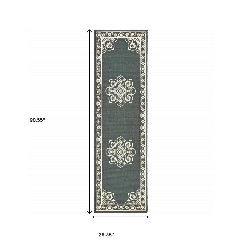 2' X 8' Gray and Ivory Oriental Stain Resistant Indoor Outdoor Area Rug. Picture 5