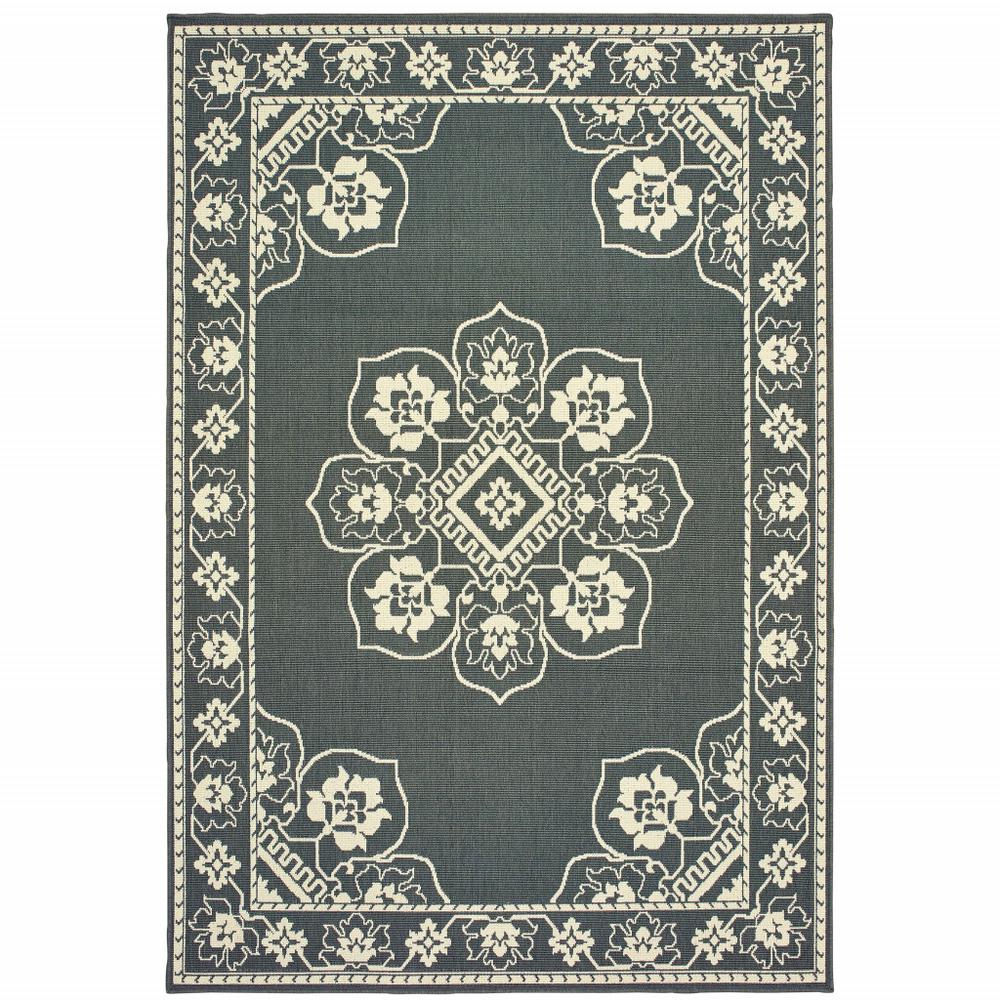 7' x 10' Gray and Ivory Oriental Stain Resistant Indoor Outdoor Area Rug. Picture 1