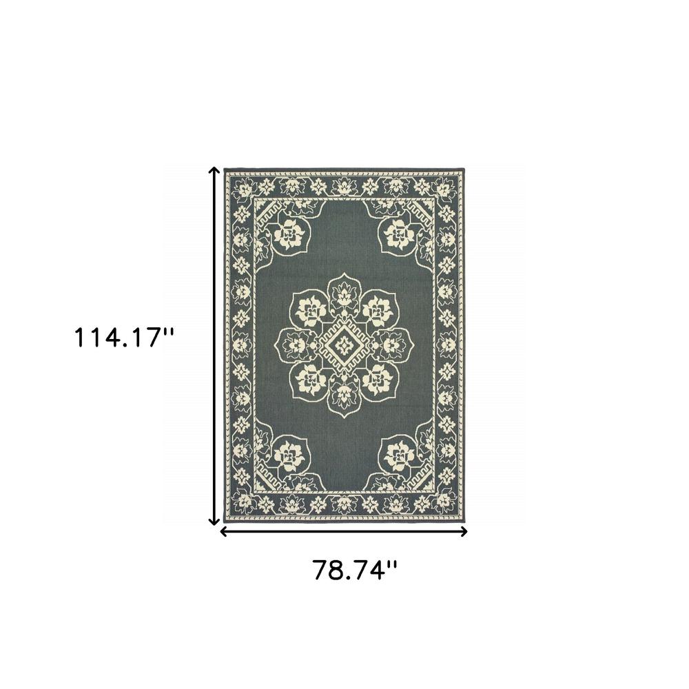 7' x 10' Gray and Ivory Oriental Stain Resistant Indoor Outdoor Area Rug. Picture 5