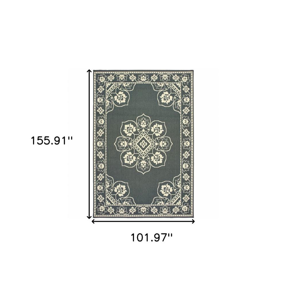 9' X 13' Gray and Ivory Oriental Stain Resistant Indoor Outdoor Area Rug. Picture 5