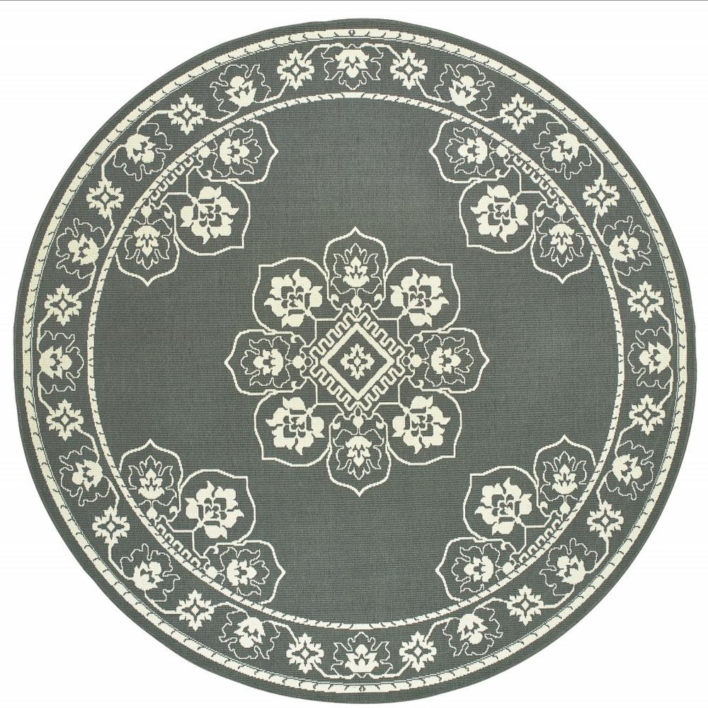 8' x 8' Gray and Ivory Round Oriental Stain Resistant Indoor Outdoor Area Rug. Picture 1