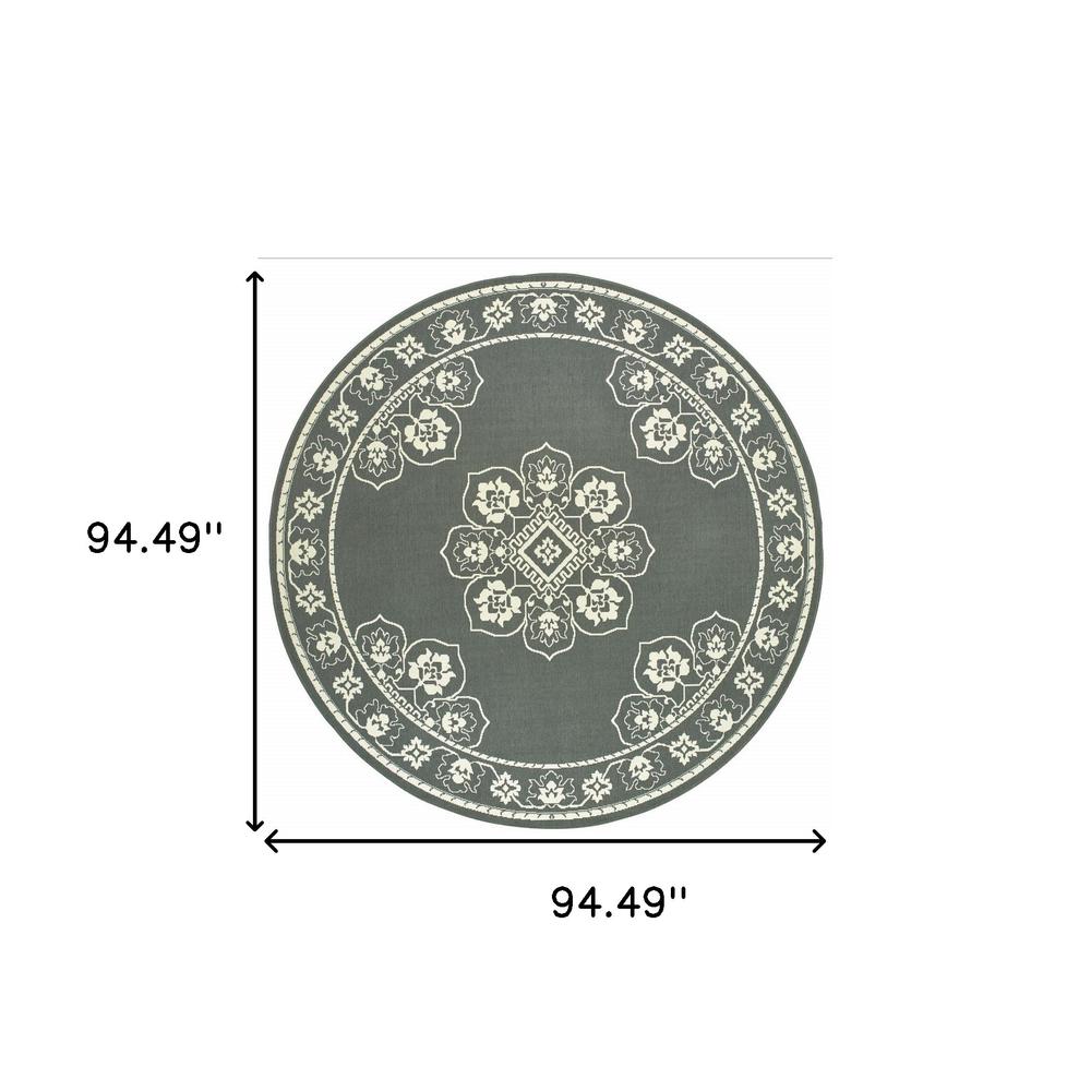 8' x 8' Gray and Ivory Round Oriental Stain Resistant Indoor Outdoor Area Rug. Picture 5