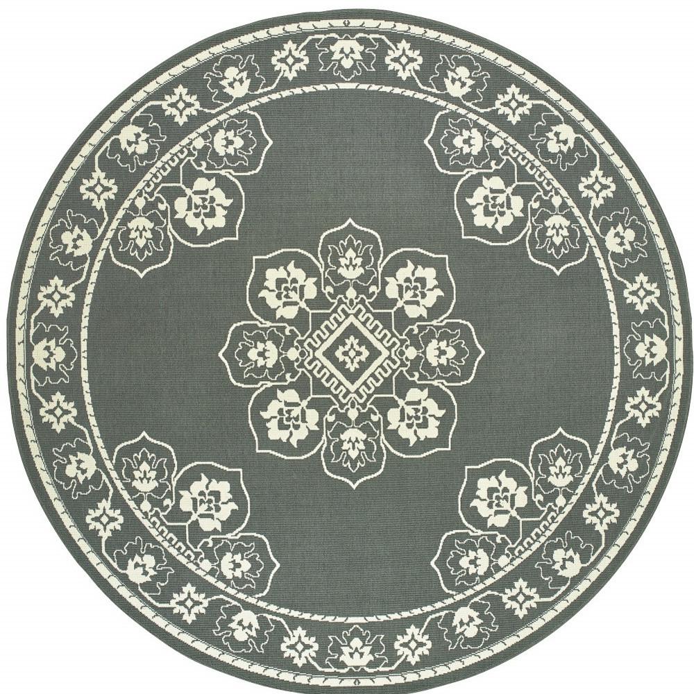 8' x 8' Gray and Ivory Round Oriental Stain Resistant Indoor Outdoor Area Rug. Picture 4
