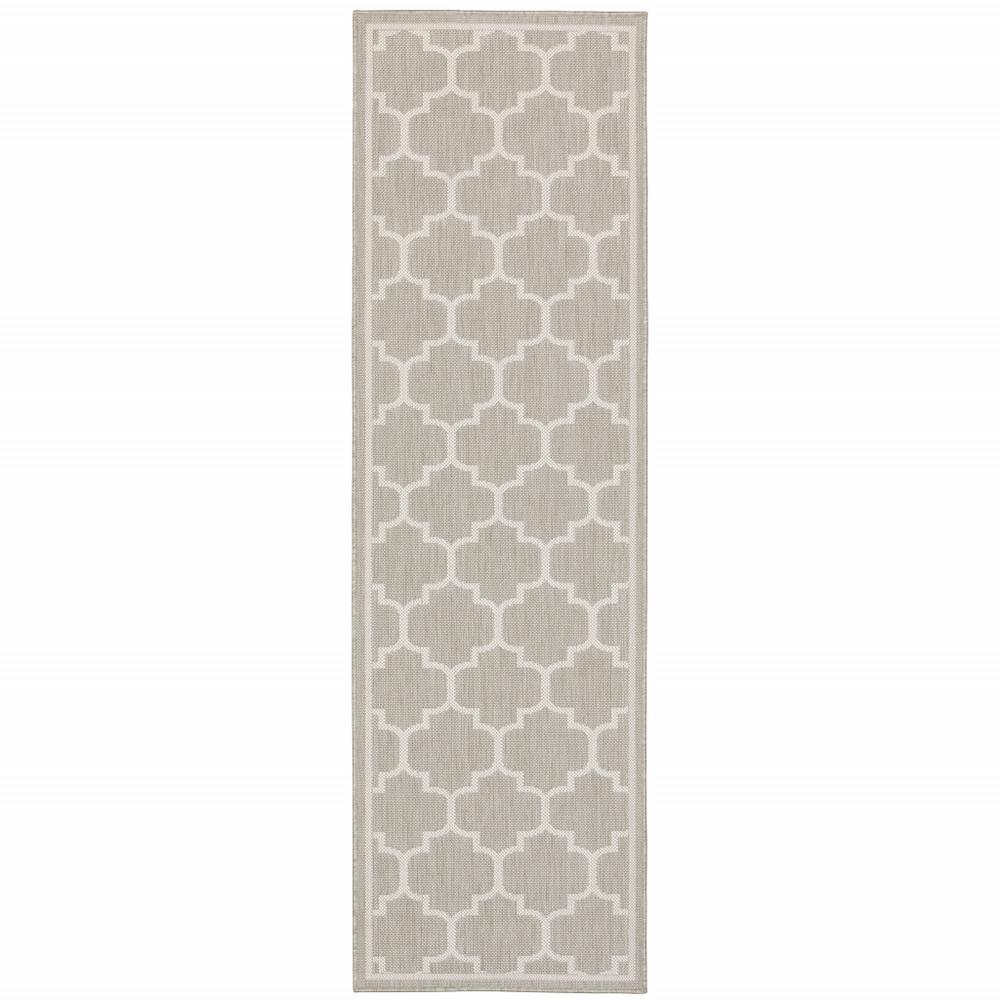 2' X 7' Gray and Ivory Geometric Stain Resistant Indoor Outdoor Area Rug. Picture 1