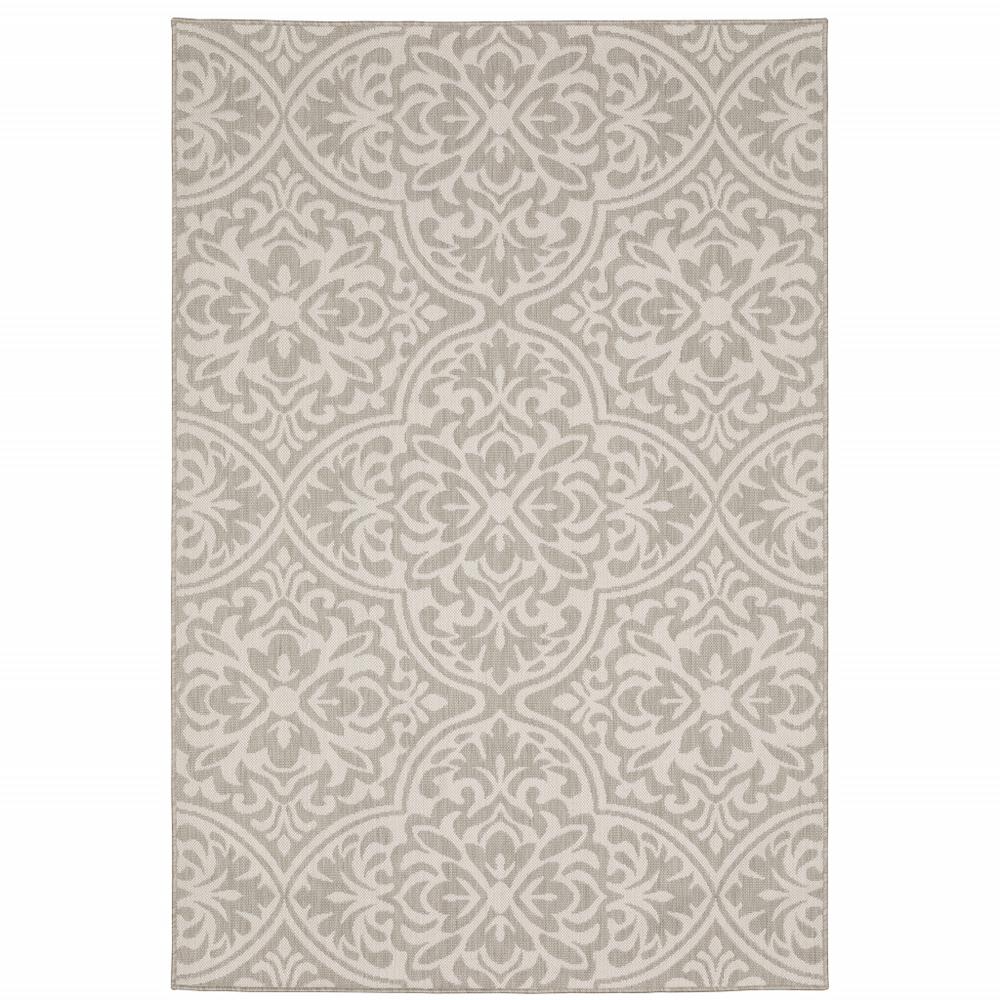 8' x 10' Gray and Ivory Floral Stain Resistant Indoor Outdoor Area Rug. Picture 1