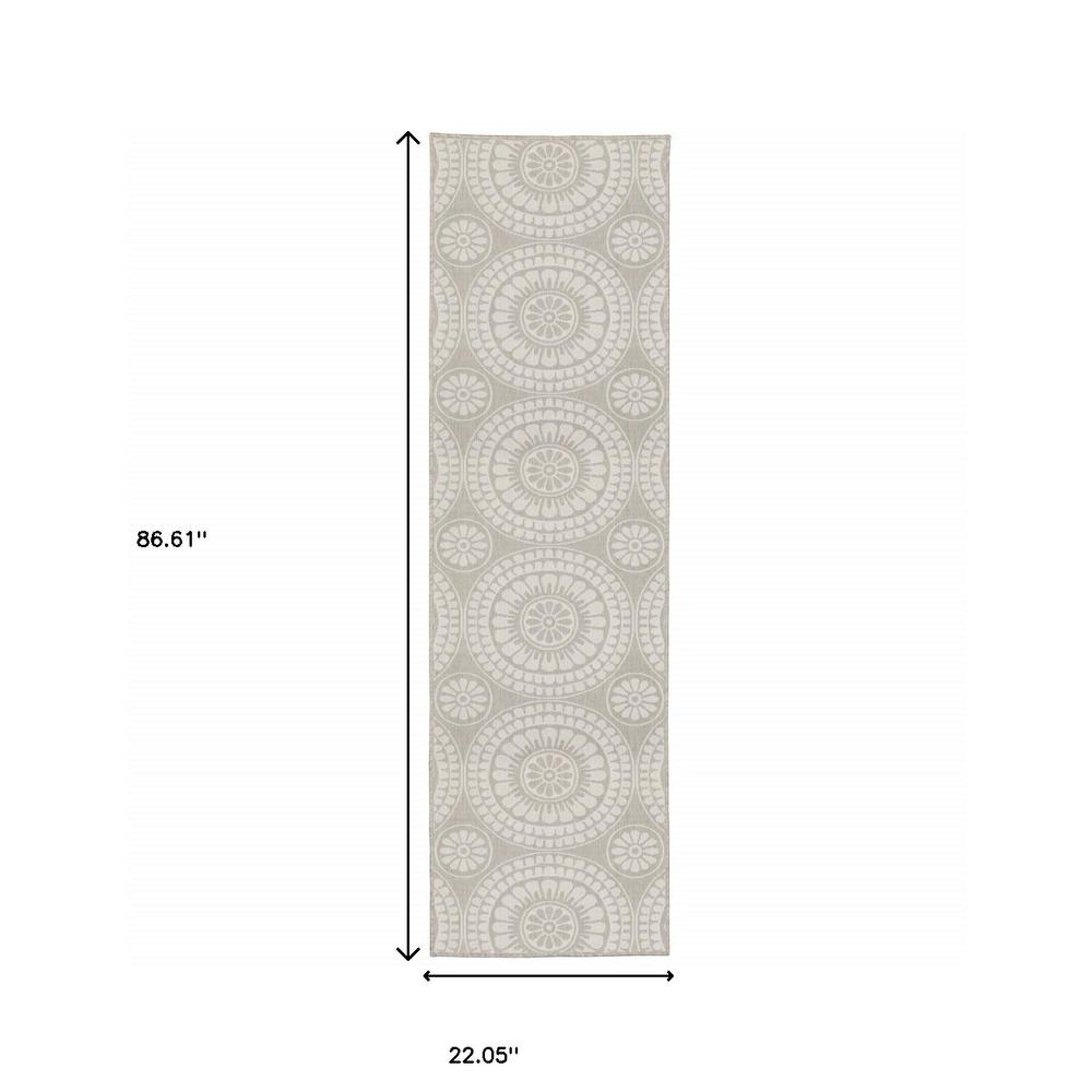2' X 7' Gray and Ivory Geometric Stain Resistant Indoor Outdoor Area Rug. Picture 6