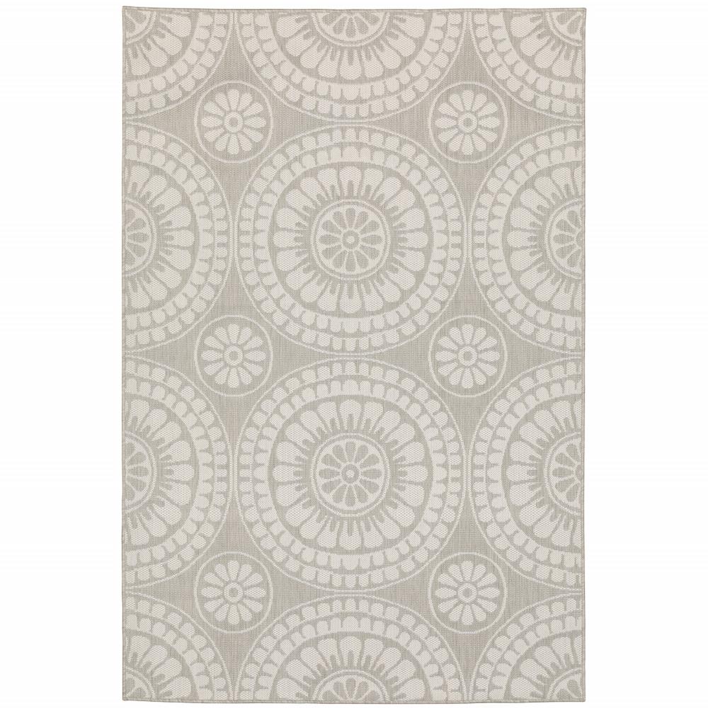 5' x 7' Gray and Ivory Geometric Stain Resistant Indoor Outdoor Area Rug. Picture 1