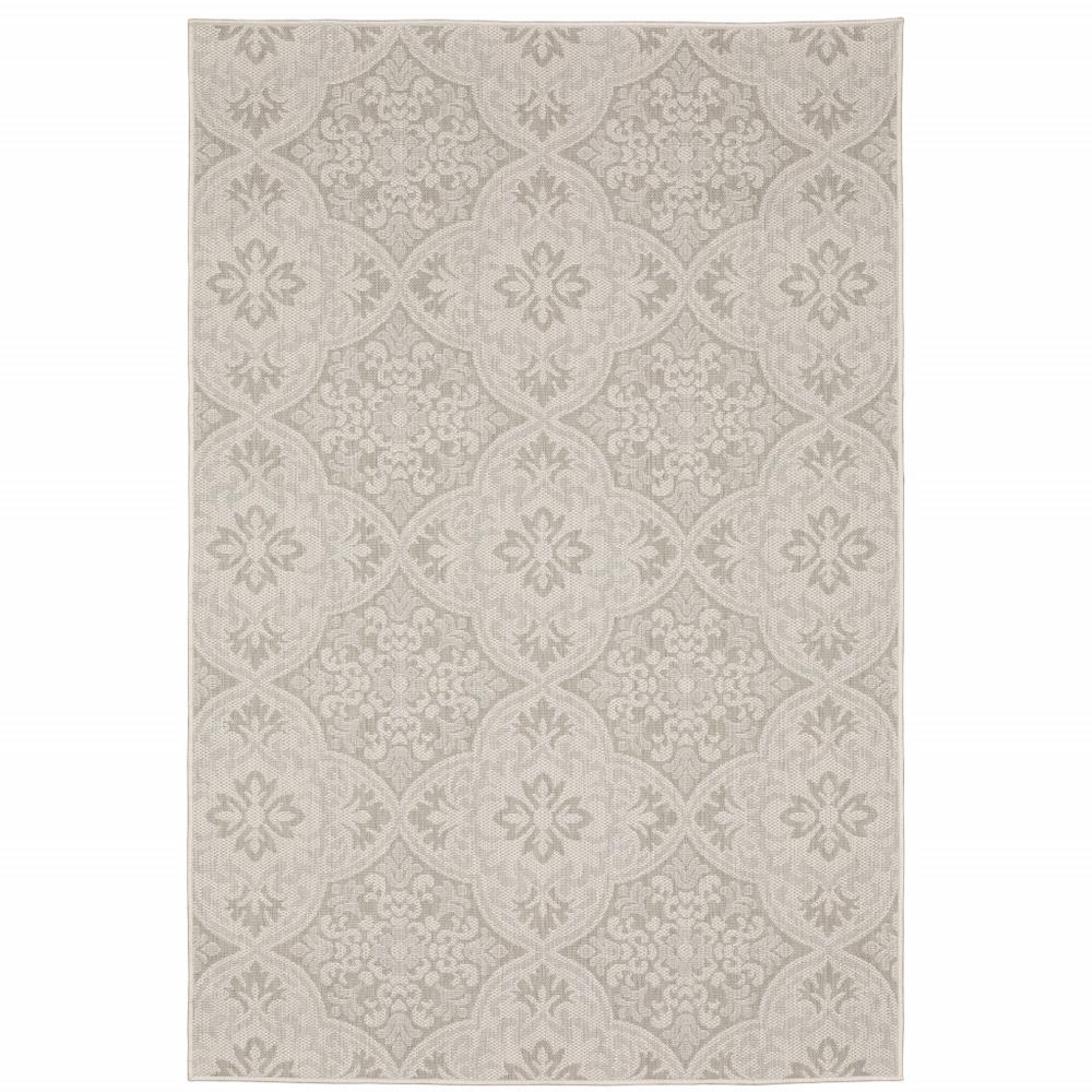 5' x 7' Gray and Ivory Floral Stain Resistant Indoor Outdoor Area Rug. Picture 1