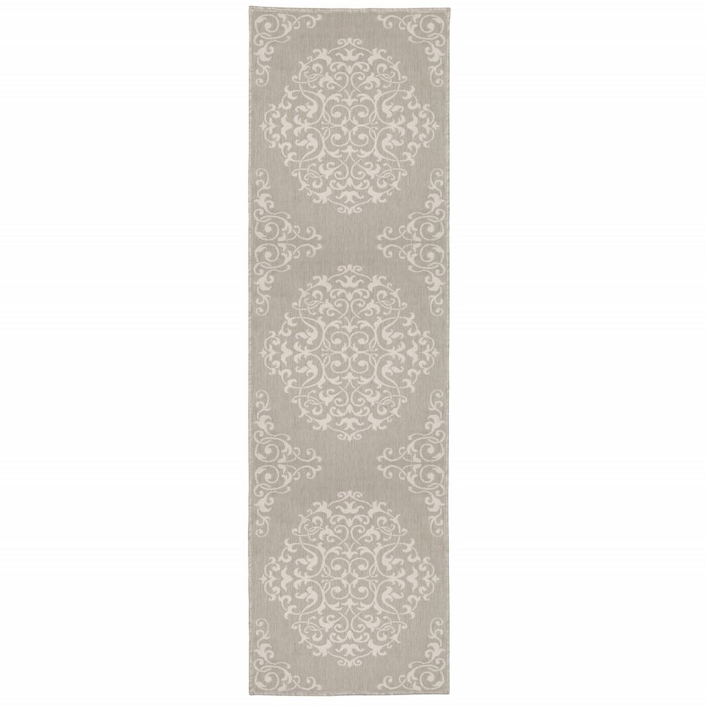 2' X 7' Gray and Ivory Oriental Stain Resistant Indoor Outdoor Area Rug. Picture 1