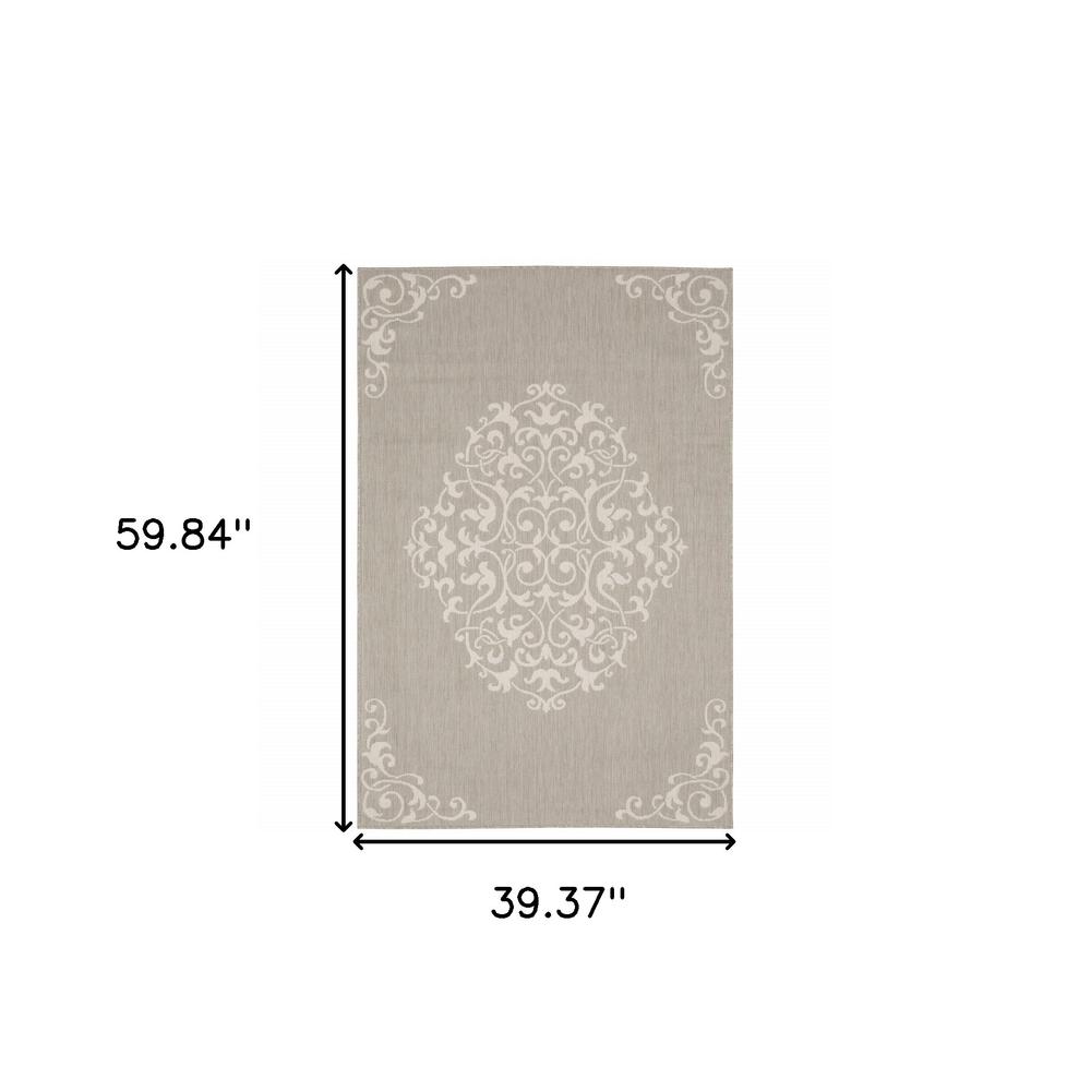 3' X 5' Gray and Ivory Oriental Stain Resistant Indoor Outdoor Area Rug. Picture 9