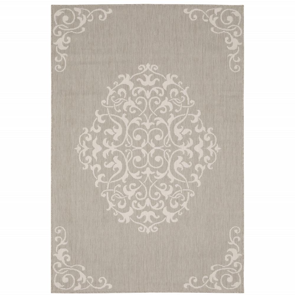 5' x 7' Gray and Ivory Oriental Stain Resistant Indoor Outdoor Area Rug. Picture 1