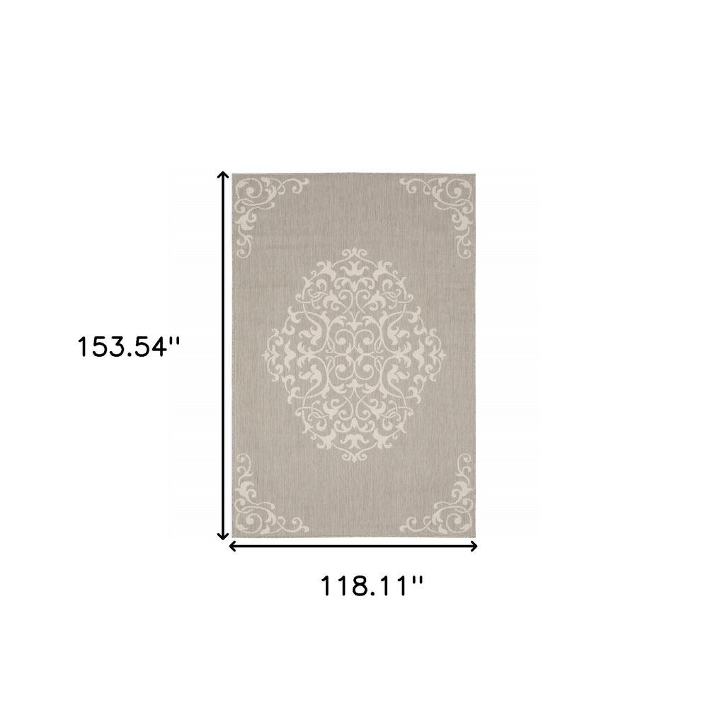 10' x 13' Gray and Ivory Oriental Stain Resistant Indoor Outdoor Area Rug. Picture 9