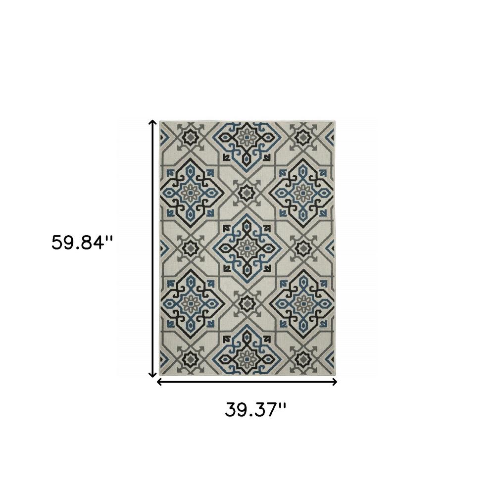 3' X 5' Blue and Beige Oriental Stain Resistant Indoor Outdoor Area Rug. Picture 7