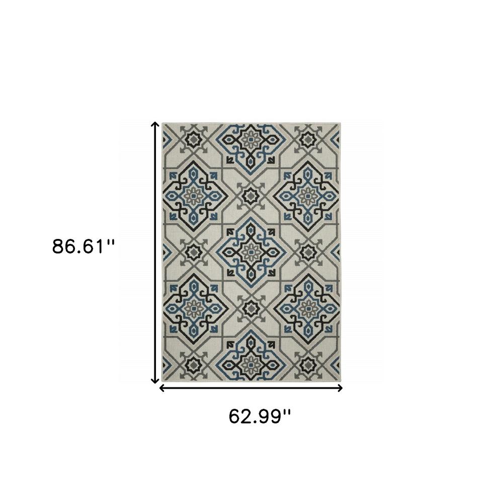 5' x 7' Blue and Beige Oriental Stain Resistant Indoor Outdoor Area Rug. Picture 7
