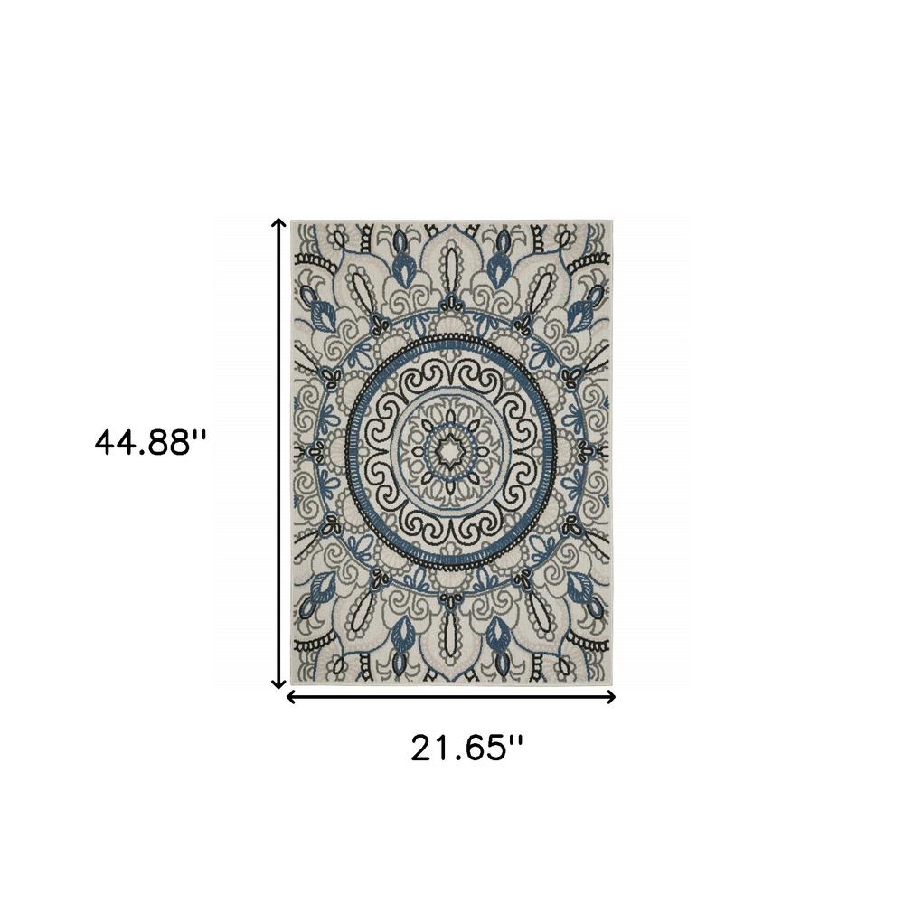 2' X 4' Blue and Beige Geometric Stain Resistant Indoor Outdoor Area Rug. Picture 9