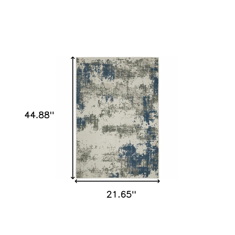 2' X 4' Blue and Beige Abstract Stain Resistant Indoor Outdoor Area Rug. Picture 8