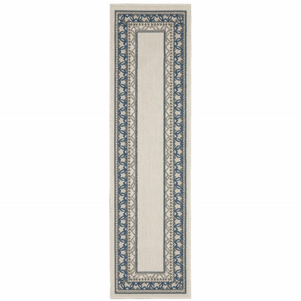 2' X 7' Blue and Beige Stain Resistant Indoor Outdoor Area Rug. Picture 1