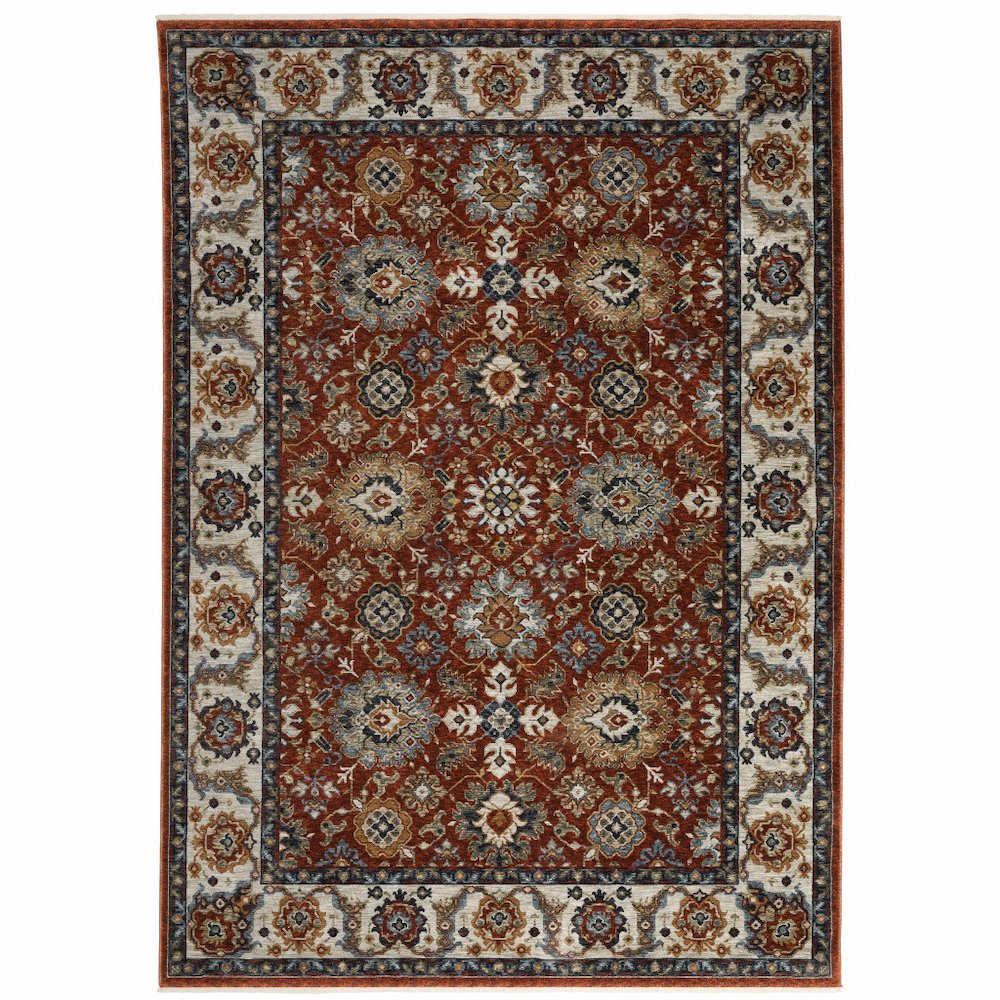 Red Blue Ivory Gold And Navy Oriental Power Loom Stain Resistant Area Rug. Picture 1