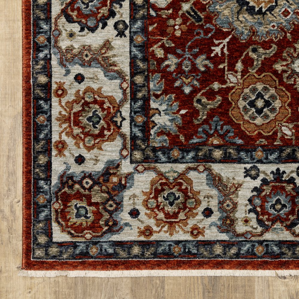 Red Blue Ivory Gold And Navy Oriental Power Loom Stain Resistant Area Rug. Picture 2