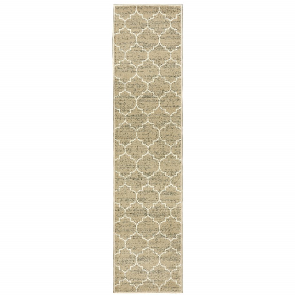 2' X 8' Beige And Ivory Geometric Power Loom Stain Resistant Runner Rug. Picture 1