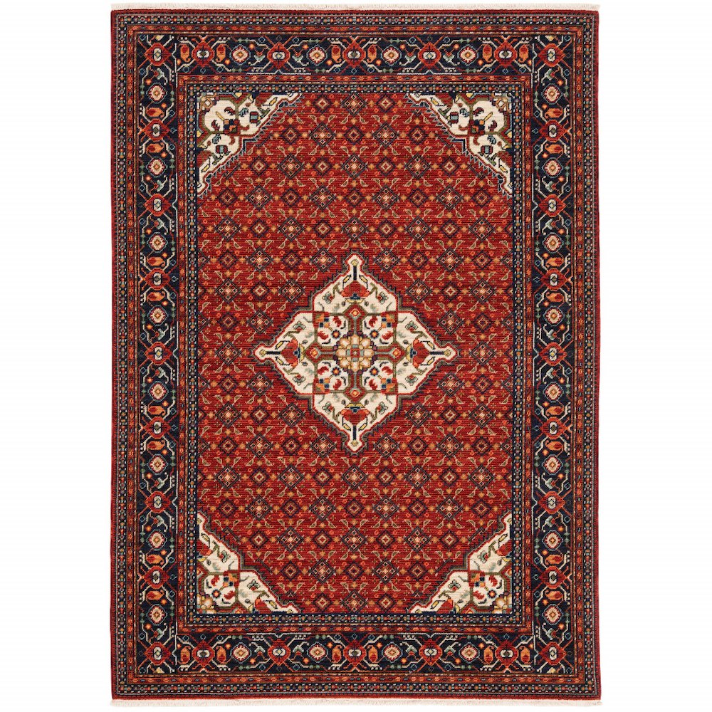 Red Blue Ivory And Orange Oriental Power Loom Stain Resistant Area Rug. Picture 1