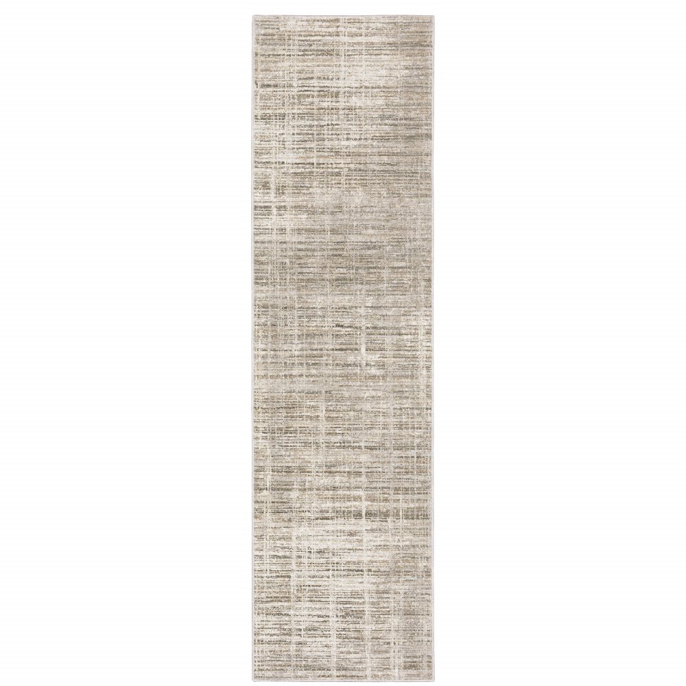 Beige Grey Ivory Tan And Brown Abstract Power Loom Stain Resistant Runner Rug. Picture 1