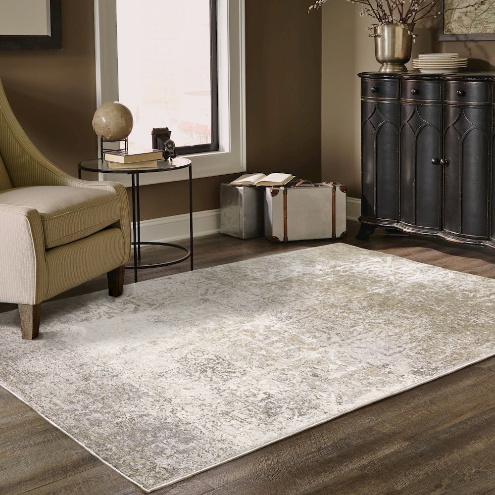 Ivory Grey Tan Brown And Beige Abstract Power Loom Stain Resistant Area Rug. Picture 8