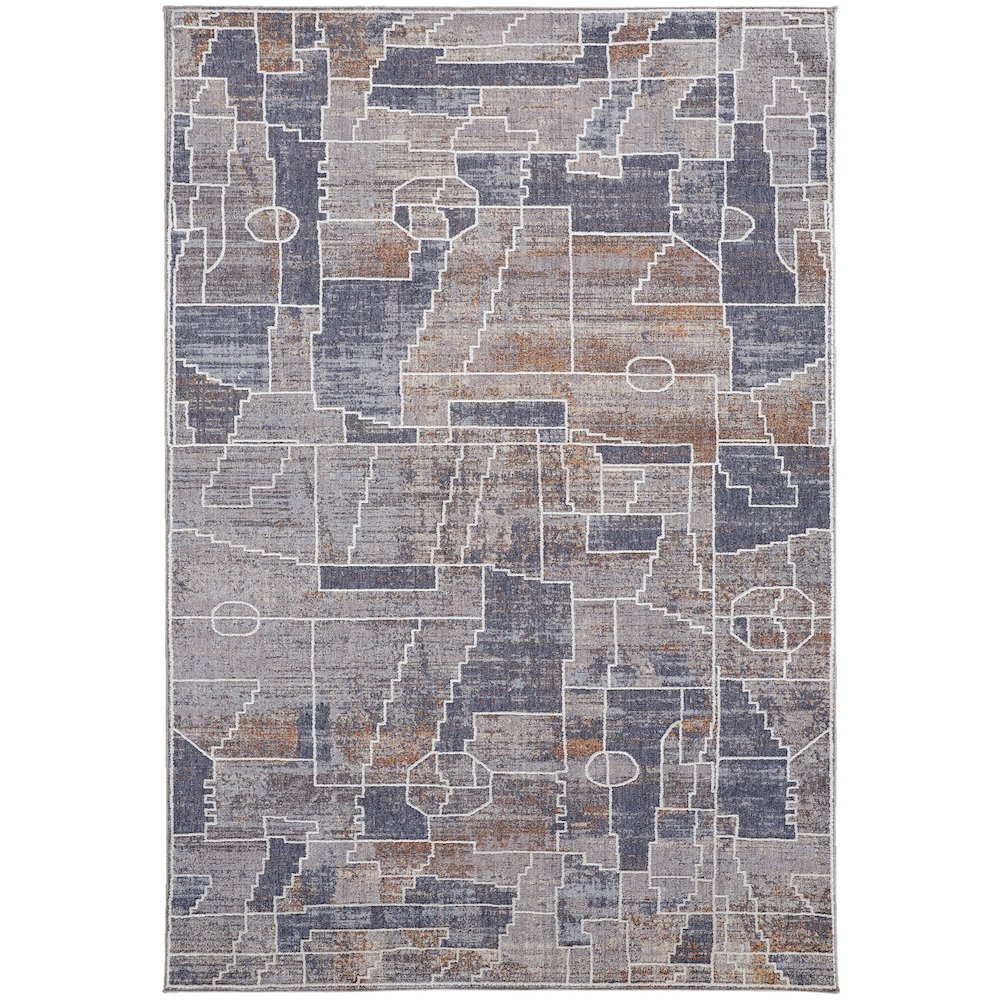 4' X 6' Blue Gray And Orange Geometric Power Loom Stain Resistant Area Rug. Picture 1