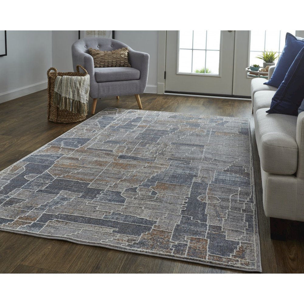 4' X 6' Blue Gray And Orange Geometric Power Loom Stain Resistant Area Rug. Picture 8