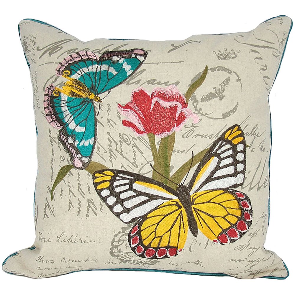 18"X18" Beige And Aqua Butterfly Linen Blend Floral Zippered Pillow. Picture 1