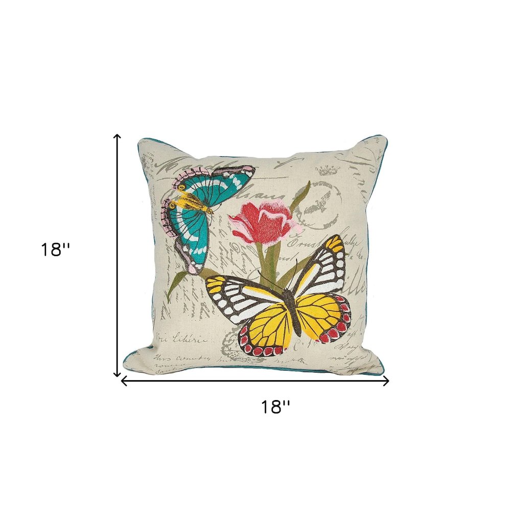 18"X18" Beige And Aqua Butterfly Linen Blend Floral Zippered Pillow. Picture 4