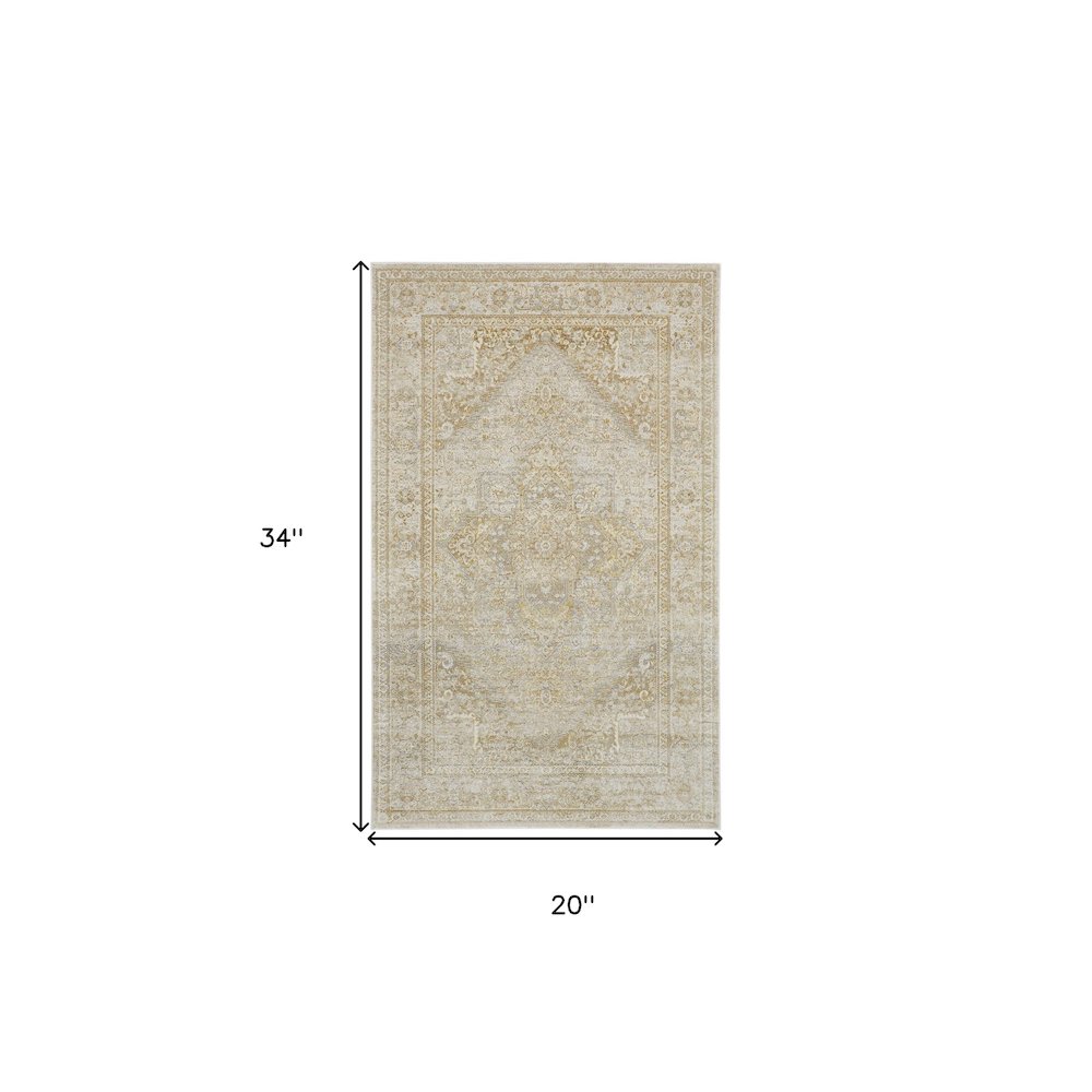 2' X 3' Ivory And Gold Floral Stain Resistant Area Rug. Picture 3