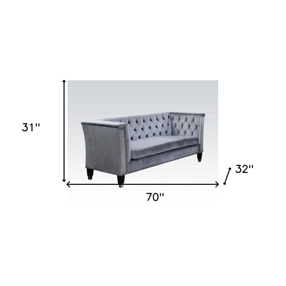 70" Blue Gray And Black Velvet Love Seat. Picture 4