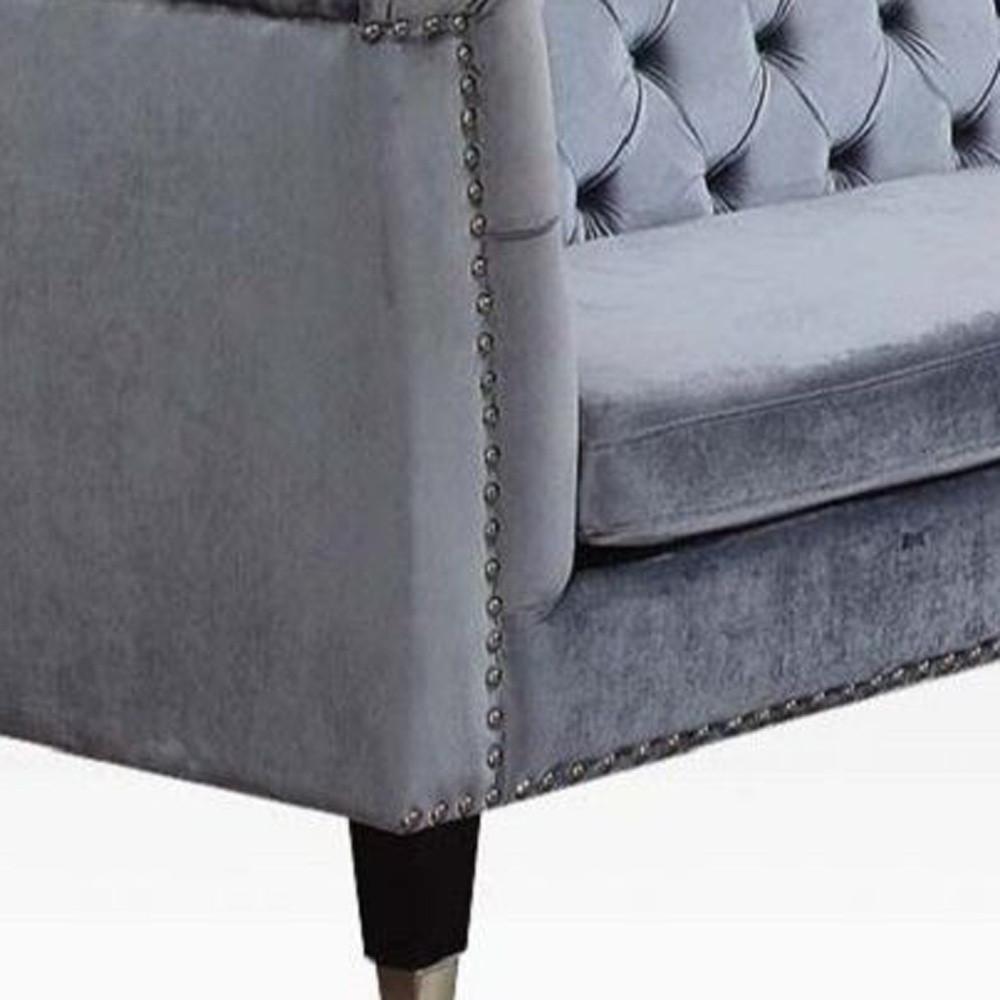 70" Blue Gray And Black Velvet Love Seat. Picture 2
