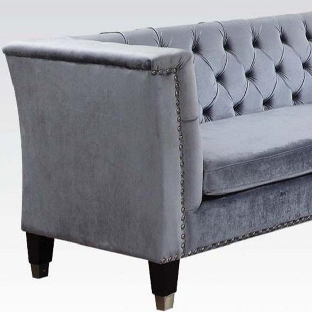 70" Blue Gray And Black Velvet Love Seat. Picture 3