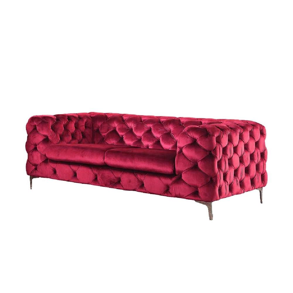 75" Red And Silver Velvet Love Seat. Picture 1