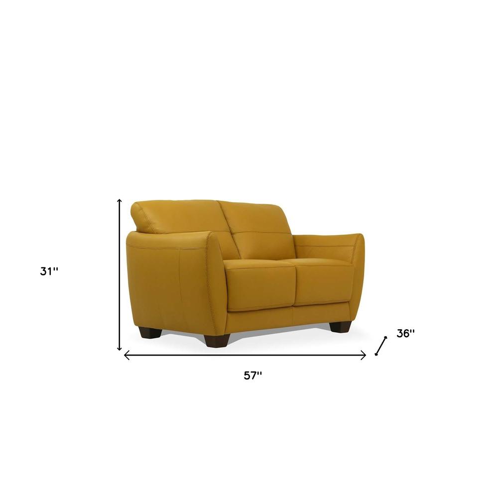57" Mustard Leather And Black Love Seat. Picture 5