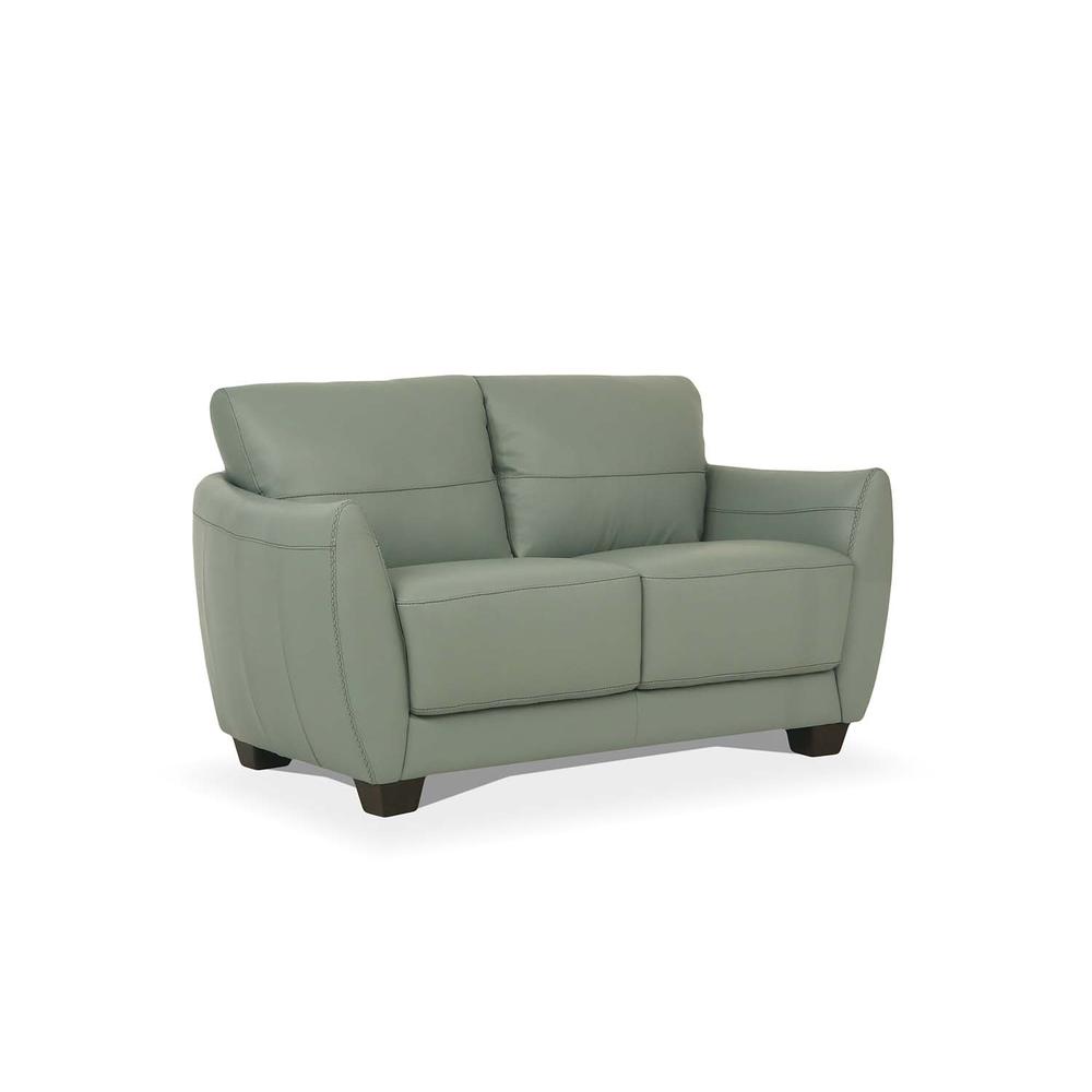 57" Pale Green Leather And Black Love Seat. Picture 1