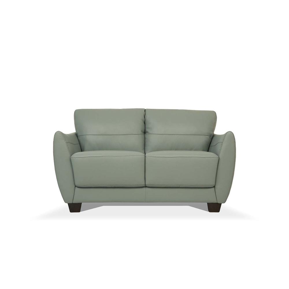 57" Pale Green Leather And Black Love Seat. Picture 2