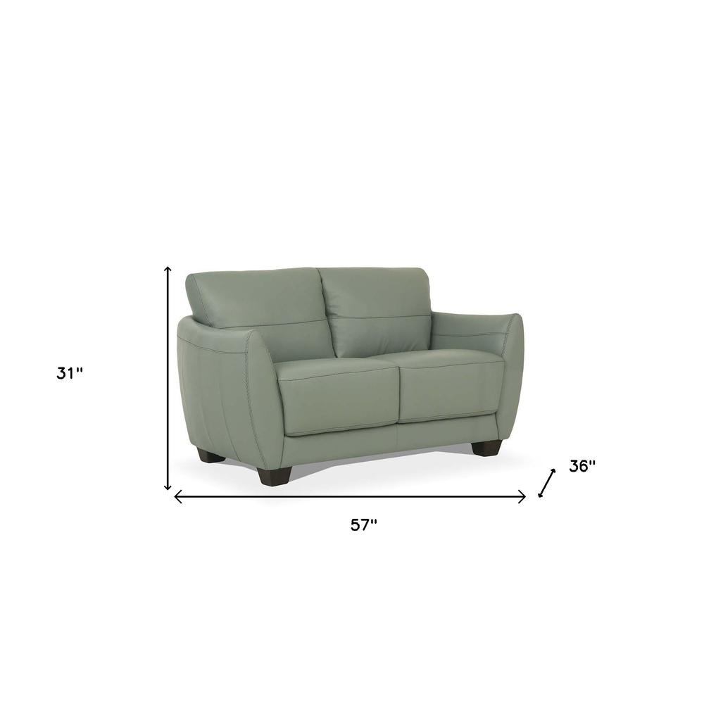 57" Pale Green Leather And Black Love Seat. Picture 5