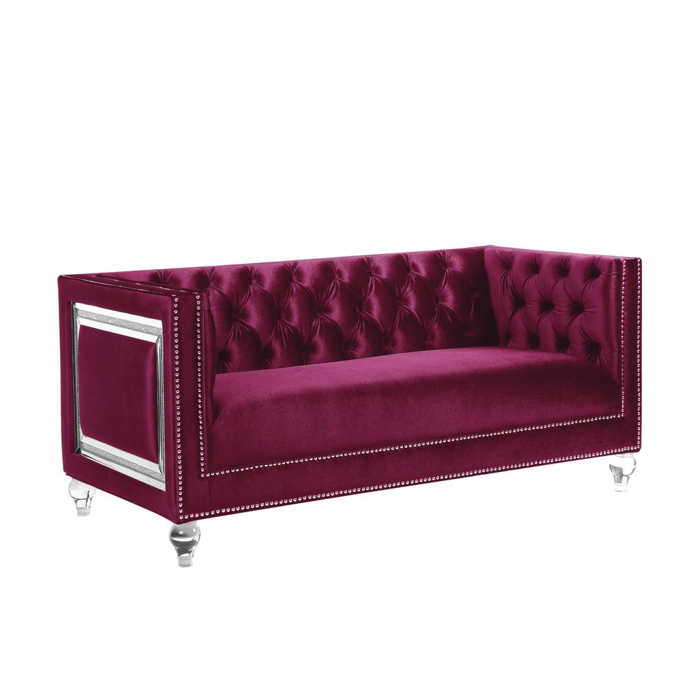 67" Burgundy And Silver Velvet Love Seat And Toss Pillows. Picture 1