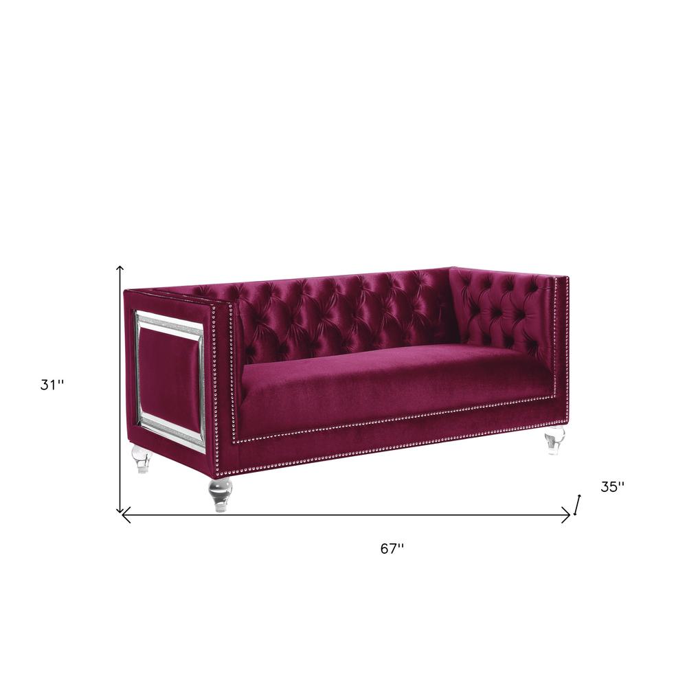 67" Burgundy And Silver Velvet Love Seat And Toss Pillows. Picture 3
