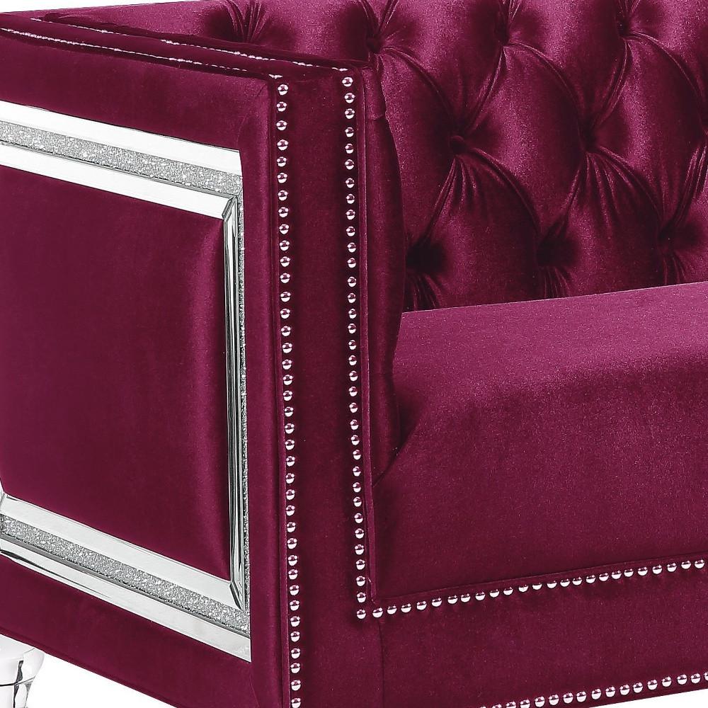 67" Burgundy And Silver Velvet Love Seat And Toss Pillows. Picture 2